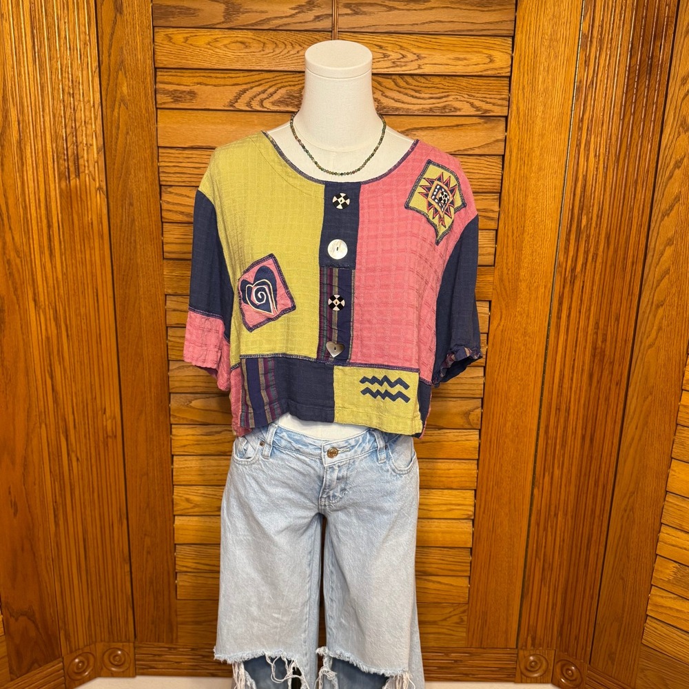 Faith by Celia Forrester Womens Large Colorblock Patchwork Rayon Crop Top Vtg